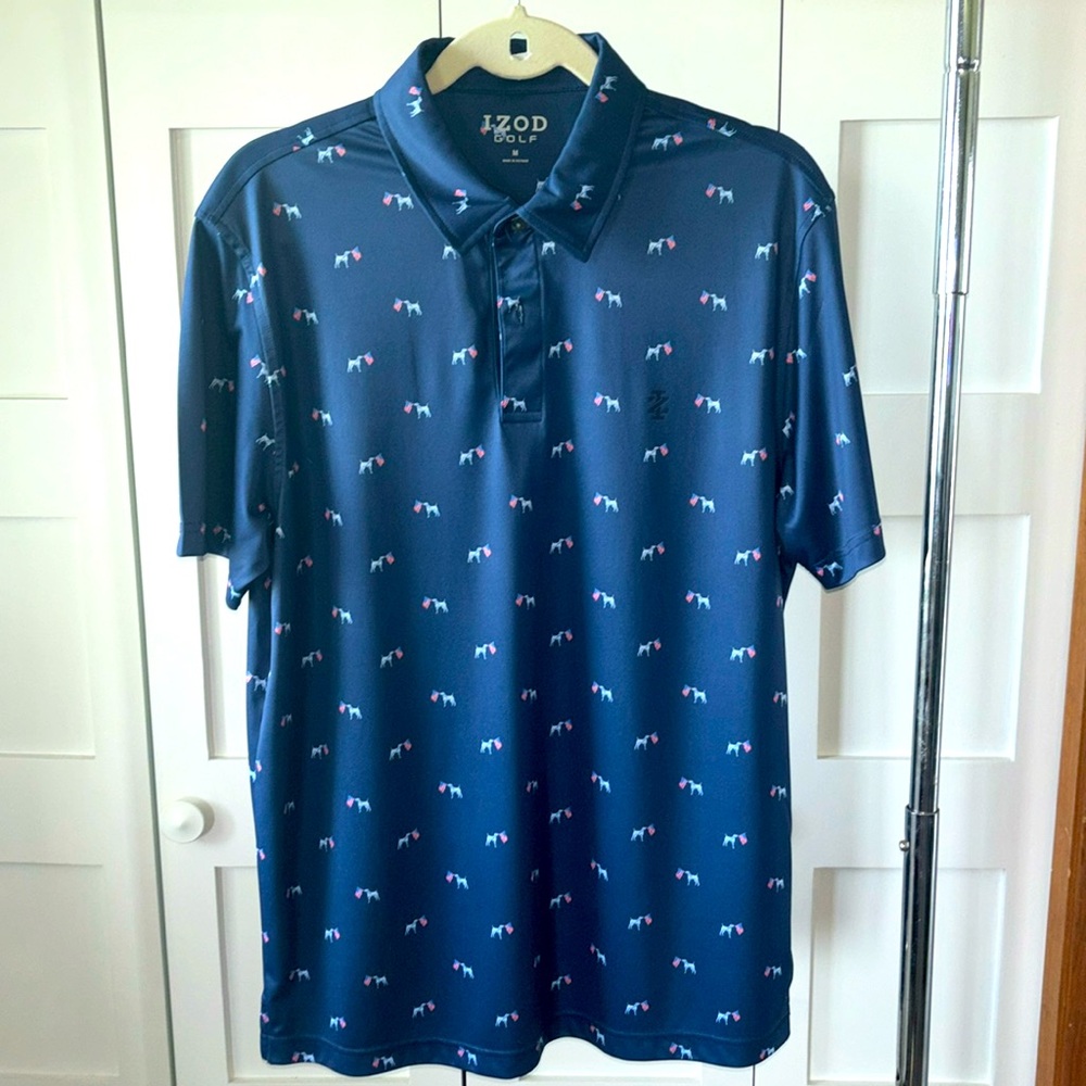 IZOD Men’s size M Blue golf shirt with dogs/American flag